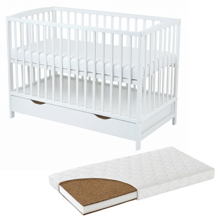 Tömörfa kiságy fiókkal és fedéllel 120x60 cm Kidizi Orella fehér és kókusz LUX matrac 120x60x9 cm, 3 fokozatban állítható, EN71 tanúsítvánnyal