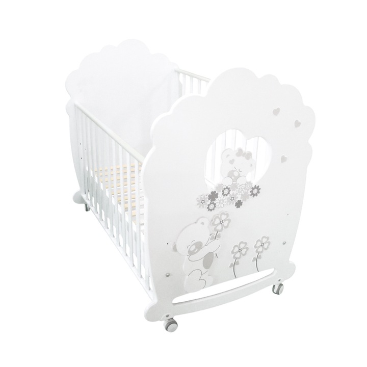 Patut Bebe Premium, Serenata Amore BabyDreams, cu Sertar, Design Italia, Cristale Swarovki, Transilvan, Lemn Masiv, 133x82x117 cm, Alb