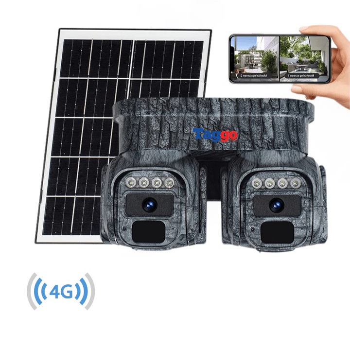 Cameră de supraveghere, Taggo, Panou solar 4G, 8MP, duală lentilă 360 grade, impermeabilă IP66, control aplicație, Camuflaj