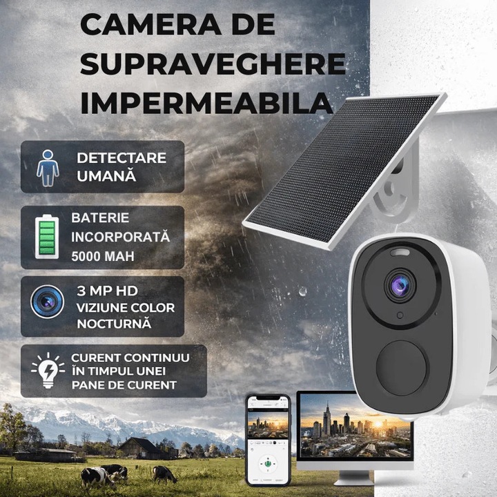 Camera de Supraveghere cu Panou Solar, Fixa, 3MP, Conexiune 4G, Control din Aplicatie, Senzor IR, Protectie IP66