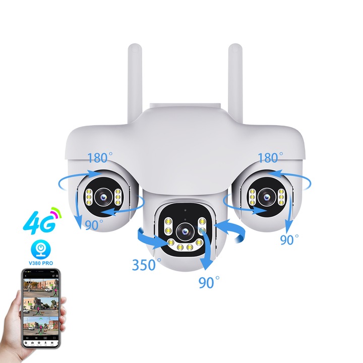 Camere de supraveghere FooFoony 4G, camera supraveghere tripla,8MP Full HD, Comunicare bidirectionala, Detectare miscare, camera de supraveghere exterior, Color Night Vision, Rotire automata, Zoom 4x，alba