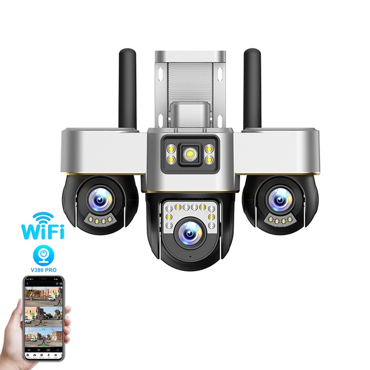 FooFoony camera web 1080p, camera supraveghere exterior 360, Ultra HD, 4X zoom, rotire, leduri lumina, comunicare bidirectionala, alarma, senzor miscare,Argint negru