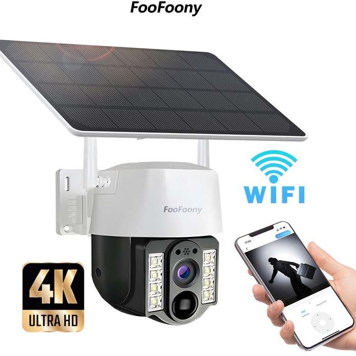 Kültéri napelemes megfigyelő kamera, Wifi, 8MP, Emberi észlelés, 4X digitális zoom, IR 50m, vízálló, Forgatás alkalmazásból, vízálló, mozgásérzékelő
