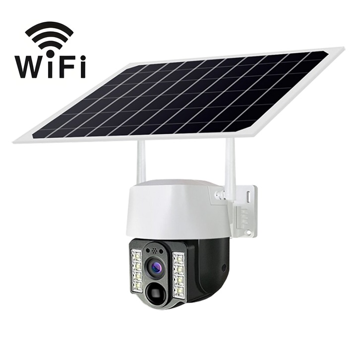 Camera de supraveghere FooFoony dubla solara 4K/8MP cu 4G si SIM inclus, fara WiFi, exterior, rotativa, detectare miscare, alarma, urmarire persoane, baterie reincarcabila, night vision color, impermeabila, pentru ferma si teren