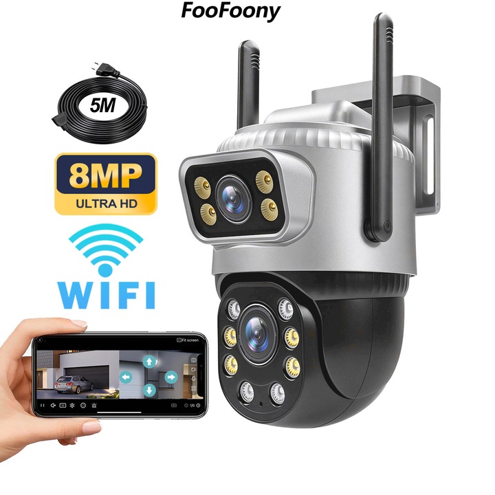 Foofoony Ultra HD 8MP Camera Wi-Fi, Aspect, Ultra HD 4K, TV prin cablu / PC, Obiectiv dublu, Color Night Vision, Alarma, Urmarire automata, Rezistent la apa, Negru