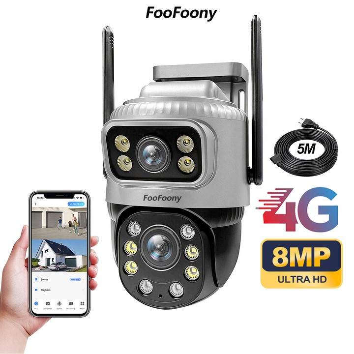 FooFoony Camera Dubla De Supraveghere Video Cu camera supraveghere cu sim, 8MP Full HD, exterior/interior, 4X zoom, Rotire 355° si inclinare 90°, culoarea vederii nocturne, Stocare Card/Cloud, comunicare bidirectionala, Urmarirea oamenilor, PTZ, Alb/negr