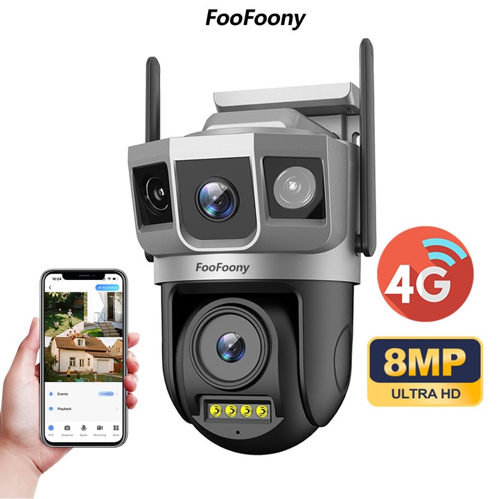 Камера за наблюдение FooFoony 4G, тройна камера за наблюдение, 8MP Full HD, двупосочна комуникация, детекция на движение, външна камера за наблюдение, цветно нощно виждане, автоматично завъртане, 4x увеличение