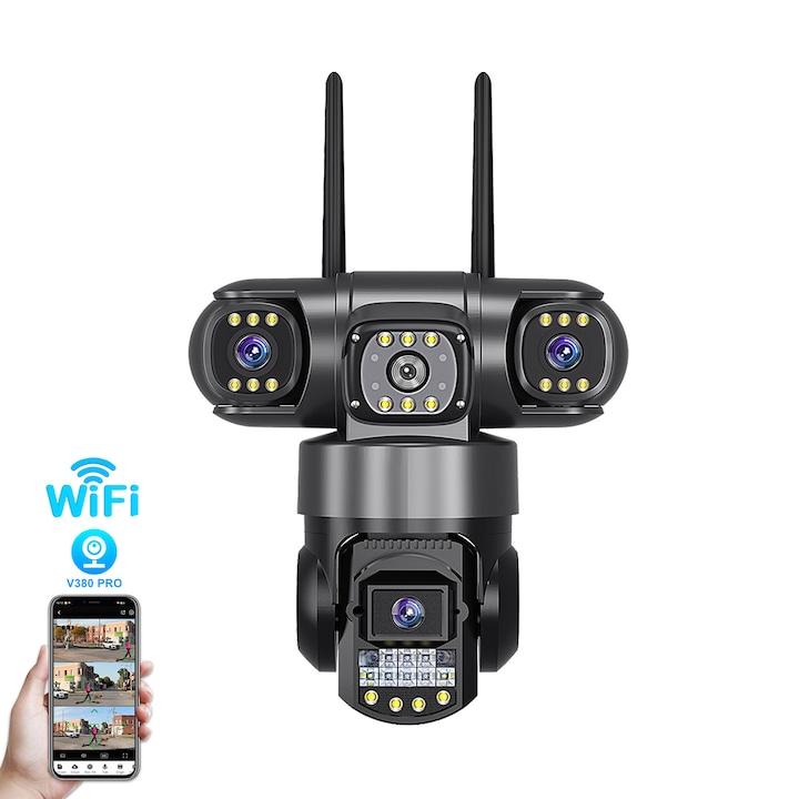 Camera de supraveghere FooFoony duala solara WiFi 4K/8MP, wireless, exterior, cu alarma miscare si urmarire persoane, lentile rotative, baterie incarcata solar, monitorizare prin aplicatie, impermeabila, pentru curte si gradina