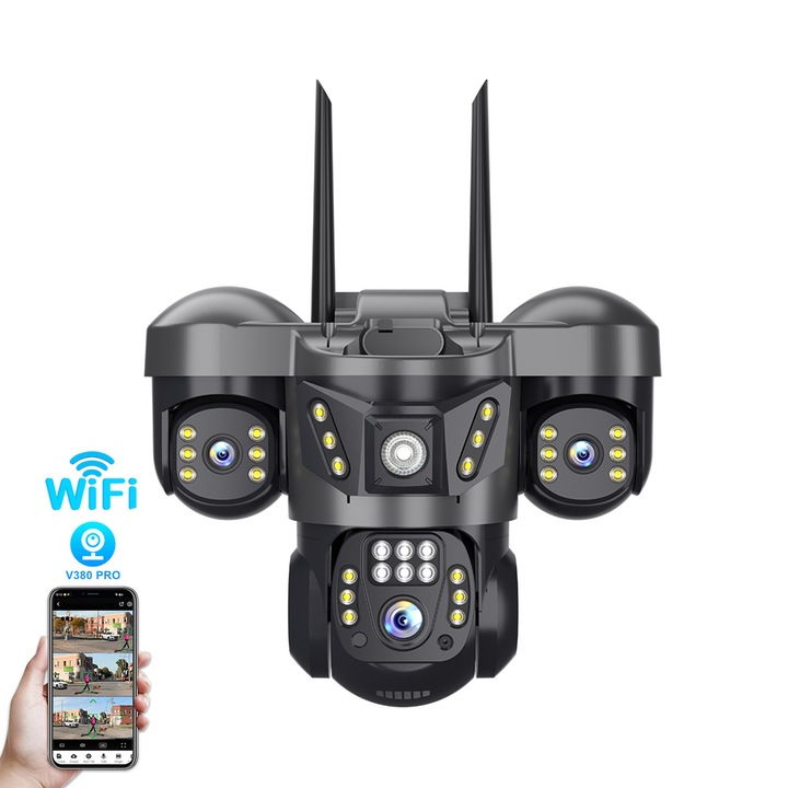 FooFoony Camera de supraveghere Smart cu 360 grade, Full HD 8MP, Utilizare Baby Monitor Wireless Audio Video, Night Vision, Detectarea miscarilor, Two-Way Audio, Alarma sonora si luminoasa, Control Vocal, IP Wi-Fi