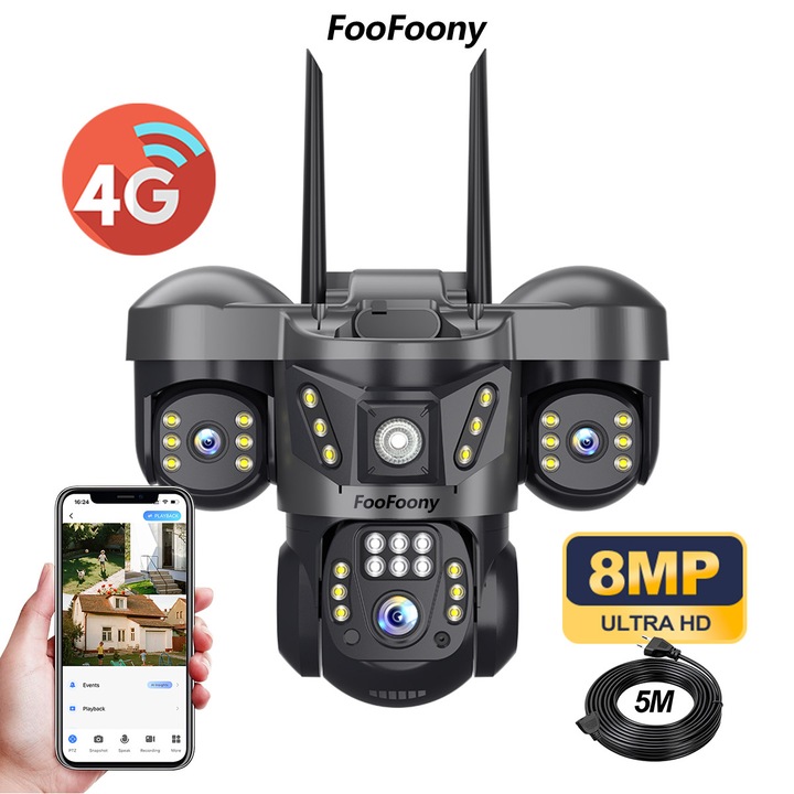 camera supraveghere exterior solar, camera supraveghere wifi，camera supraveghere tripla，8MP, Detectie Umana, Zoom digital 4X, rezistenta la apa, Rotire din aplicatie, rezistenta la apa, senzor miscare
