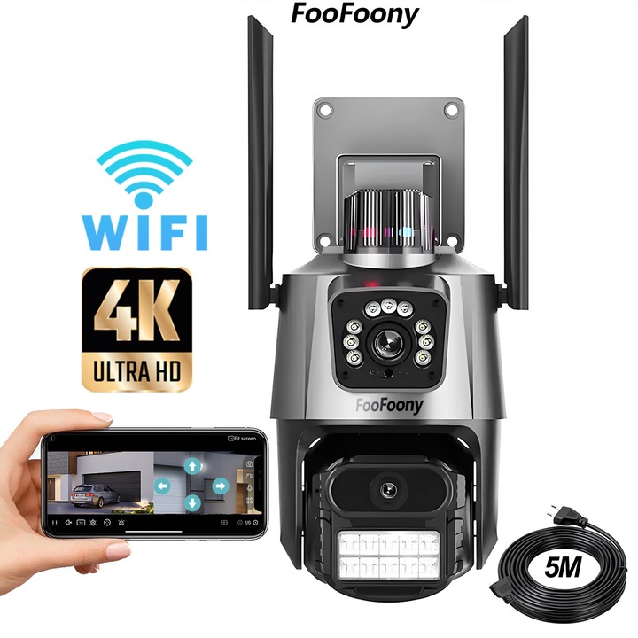 FooFoony уеб камера 1080p, външна камера за наблюдение 360, Ultra HD, 4X увеличение, въртене, LED светлини, двупосочна комуникация, аларма, сензор за движение, Черно сребро