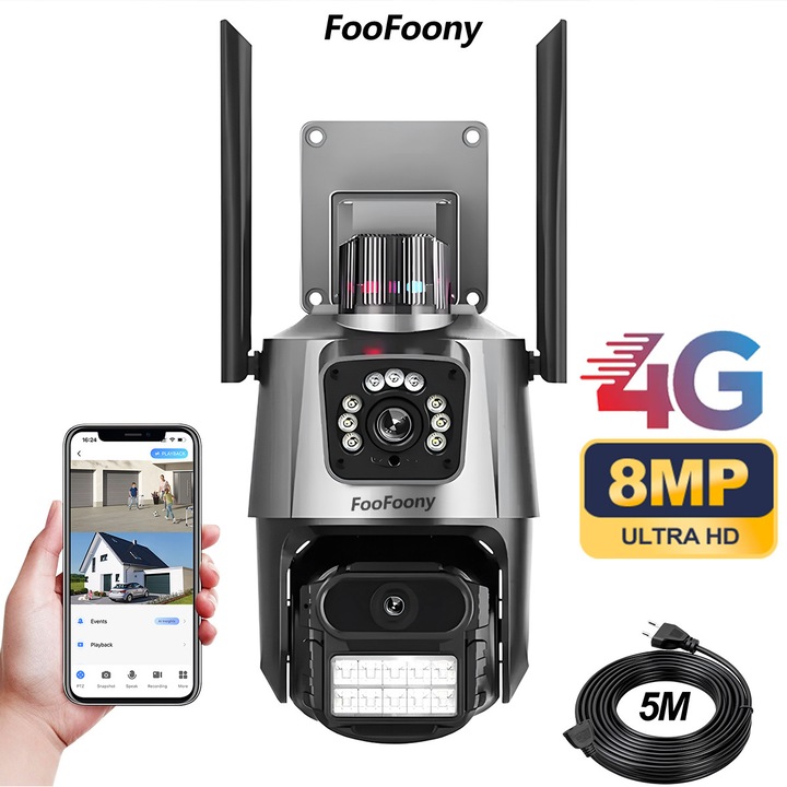 FooFoony Kettős Videó Megfigyelő Kamera, 4G SIM-kártyás, 8MP Full HD, kültéri/beltéri, 4X zoom, 355°-os forgatás és 90°-os dőlés, színes éjjellátó, Kártya/Felhő tárhely, kétirányú kommunikáció, Emberkövetés, PTZ, Fehér