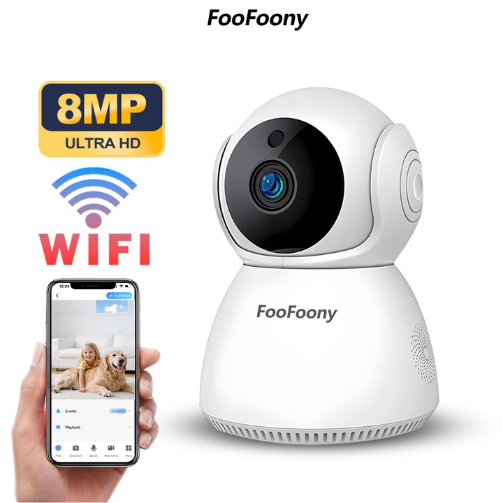 FooFoony Camera de supraveghere Smart cu 360 grade, Full HD 8MP, Utilizare Baby Monitor Wireless Audio Video, Night Vision, Detectarea miscarilor, Two-Way Audio, Alarma sonora si luminoasa, Control Vocal, IP Wi-Fi