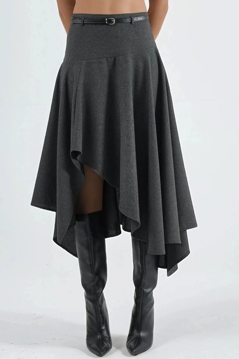 Fusta midi asimetrica, HiCCUP, talie inalta, gri inchis, textil