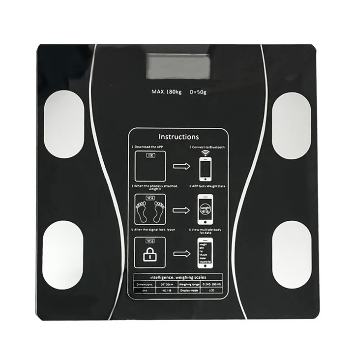 Cantar Smart Fitness Bluetooth, Analiza Corporala 14 Indici, Aplicatie Mobila, Capacitate Max. 180 kg, Negru