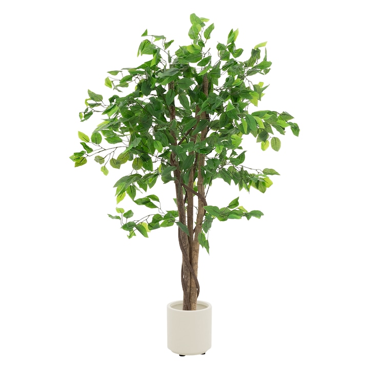 Planta ficus artificiala ML-Design 120 cm verde, vas inclus, interior/exterior cu trunchi din lemn natural, copac realist decorativ din plastic pentru casa si birou, usor de ingrijit
