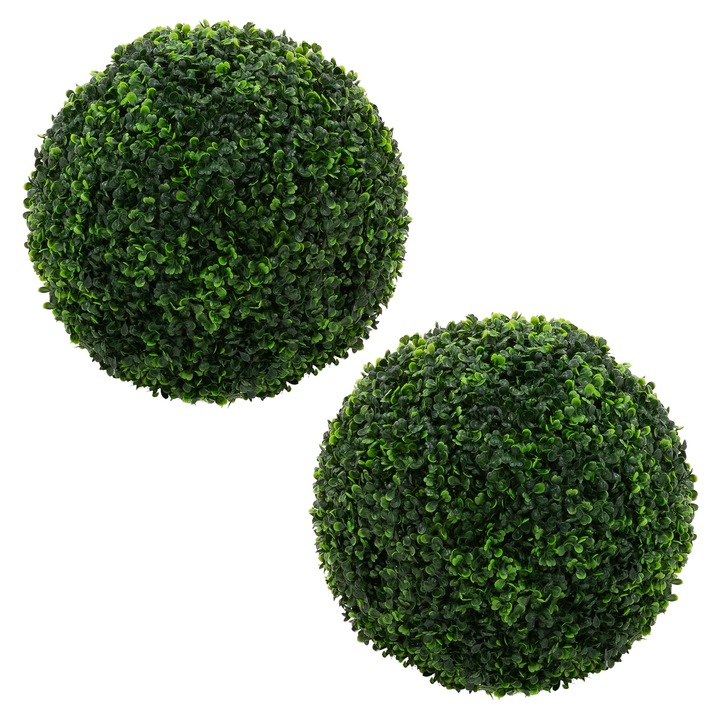 ML-Design 2 db-os műnövény szett, Ø35 cm zöld, bukszus gömb, UV-álló műnövény otthonra és kertbe, beltéri/kültéri, dekoratív kerek cserje, műanyag sövény