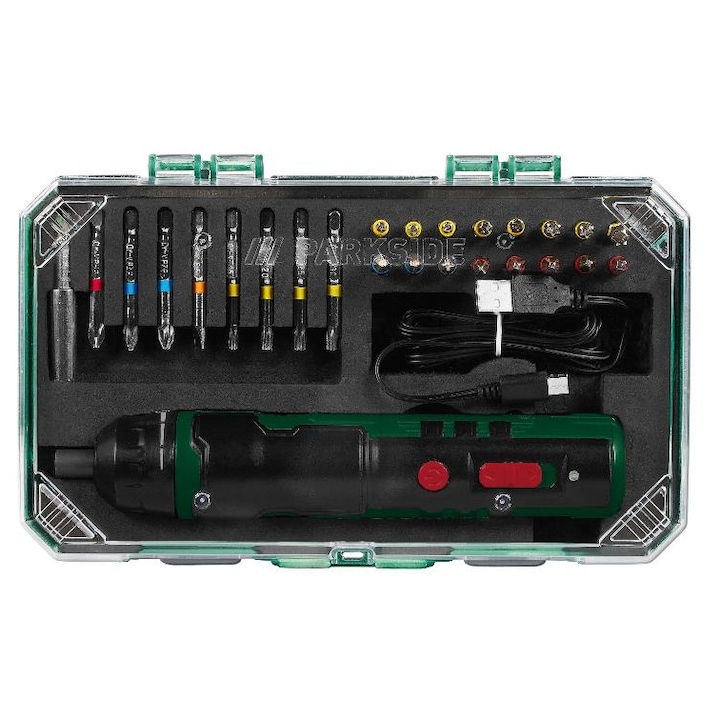 Parkside 4V akkus csavarhúzó, 24x csavarhúzó bit, 1x bittartó, 1x USB-C töltőkábel (1,5 m), 360 RPM, 5 NM