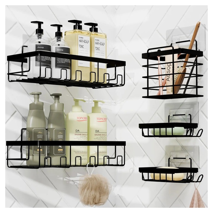 Suport de dus SoSar® cu montaj adeziv, organizator baie din inox, spatiu generos depozitare, design modern, negru