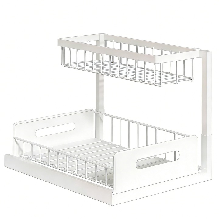 Органайзер под мивка, BYONDSELF®, с плъзгащи се чекмеджета, на 2 нива, за шкаф, килер, аксесоар за организиране на кухня и баня, аксесоари за съхранение, бял