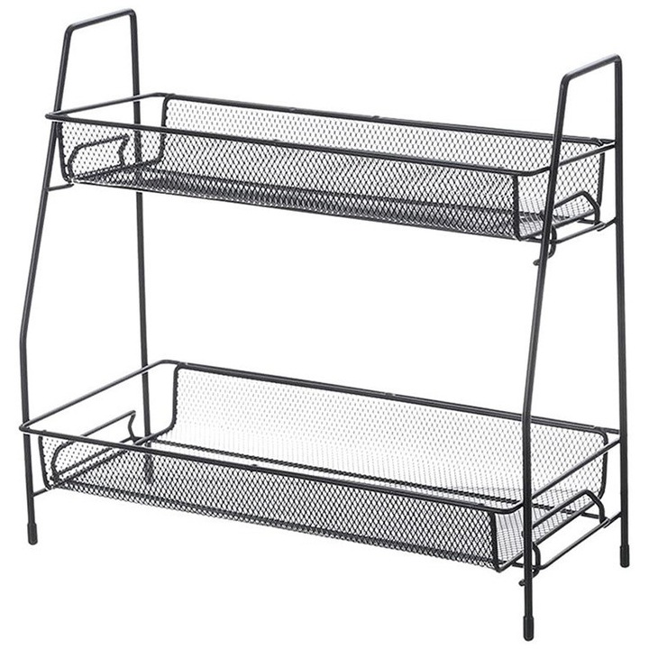 Organizator bucatarie/baie din metal, 2 niveluri, stil loft, suport condimente. 32.5 × 31 × 17 cm Negru