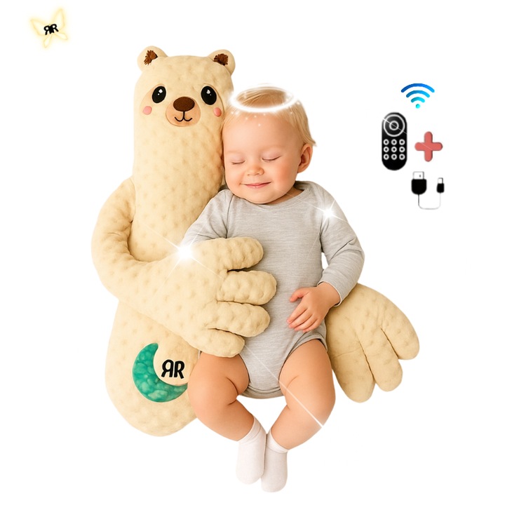 RIR Intelligens Babalégzés Párna Enyhe Ütem Funkcióval és Hőterápiával Kólikára és Relaxációra, Távirányítóval, USB Kábellel, Mackó