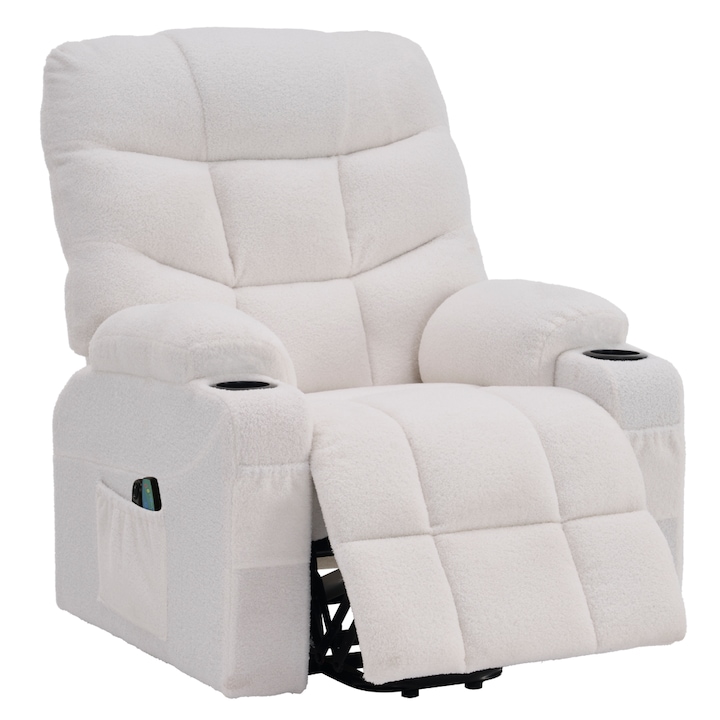 Fotoliu extensibil masaj, alb, tapiterie Boucle eleganta, baza din otel, foarte confortabil, functie de ridicare electrica, 6 puncte de vibratie si 8 metode de masaj, 87x97-155x80-108 cm