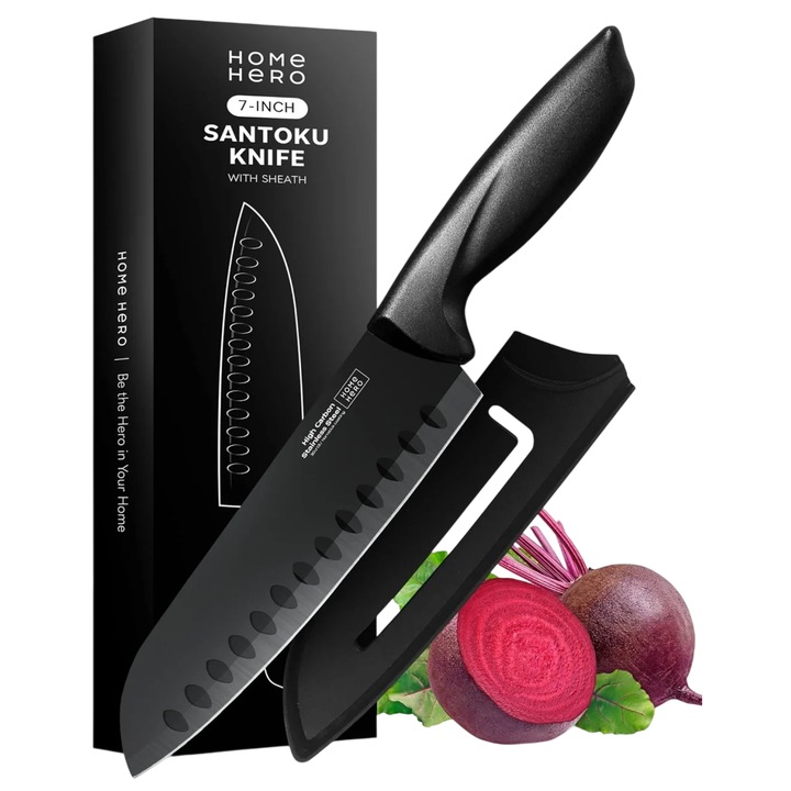 Cutit Santoku Home Hero, cu teaca, maner ergonomic, lama din inox, negru, 18 cm