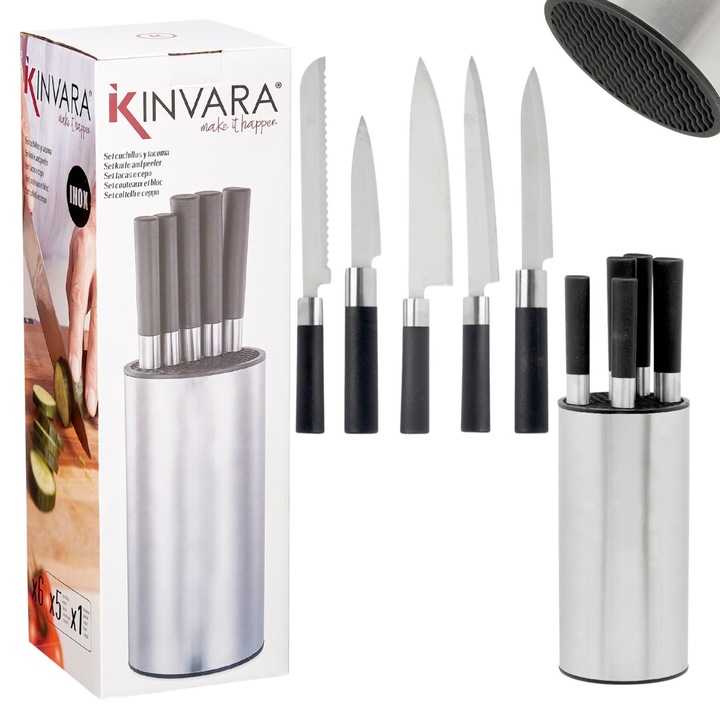 Set 5x Cutite Cu Suport, Kinvara, Design Modern Si Profesional Pentru Bucatarie, Lame Rezistente Pentru Taiere Precisa, Manere Ergonomice Pentru Confort Si Siguranta, Bloc Compact Usor De Amplasat Pe Blat, Ideal Pentru Gatit Zilnic, Argintiu