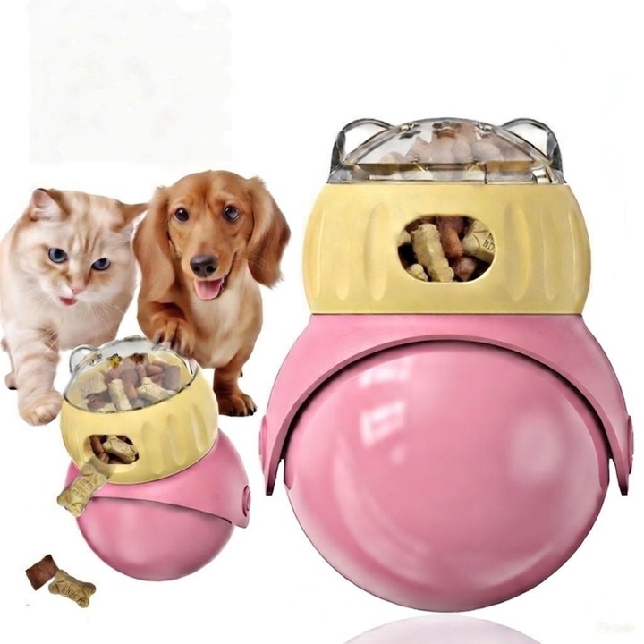 Interaktív jutalomjáték rózsaszín kutyáknak és macskáknak, etető labda, lassan adagoló stresszoldó rágcsálnivaló, rózsaszín-sárga