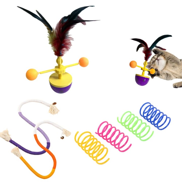 Set Interactiv Jucarii pentru Pisica, 7 Bucati - Arcuri, Funie Dentara, Antiplictis si Curatare Dinti