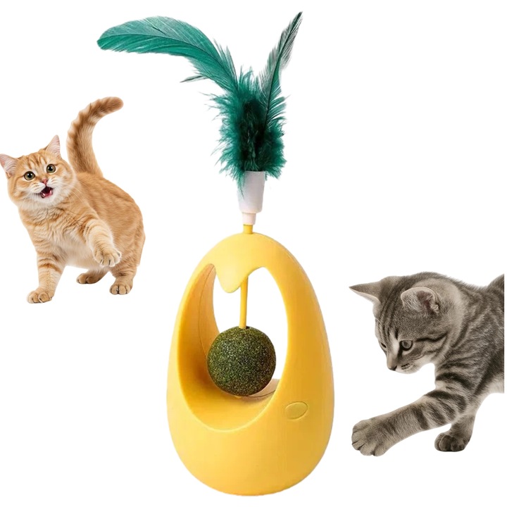 Jucarie interactiva pentru pisici, Omelivon, Rotire 360°, cu Pene, Bile de catnip pentru pisici, Stimuleaza Instinctul Natural, Material Durabil si Rezistent, ABS, galben