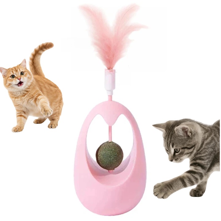 Jucarie interactiva pentru pisici, Omelivon, Rotire 360°, cu Pene, Bile de catnip pentru pisici, Stimuleaza Instinctul Natural, Material Durabil si Rezistent, ABS, roz