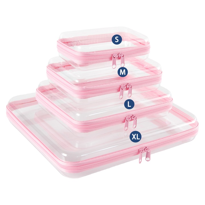 Set cutii de depozitare, 4 piese, genti de depozitare cu fermoar, capacitate mare, potrivite pentru depozitarea diverselor articole, portabile, roz