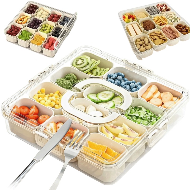 Cutie de depozitare cu 12 compartimente, maner cu capac pentru picnic, reuniune, calatorie, scoala, acasa, 30,99 * 30,99 * 6,35 cm