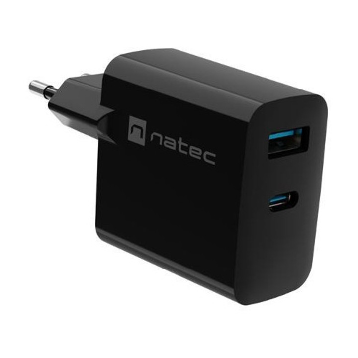 Natec Ribera laptop töltő, 1x USB-A + 1x USB-C, 45W, fekete