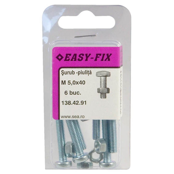 Surub cu cap bombat, amprenta cruce, cu piulita, Easy-Fix, otel, zincat alb, M5 x 40 mm, set 6 bucati