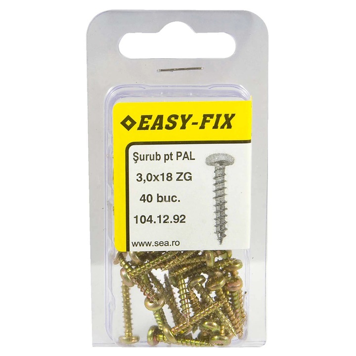 Surub pentru PAL / lemn, cu cap bombat, amprenta cruce, Easy-Fix, otel, zincat galben, 3 x 18 mm, set 40 bucati