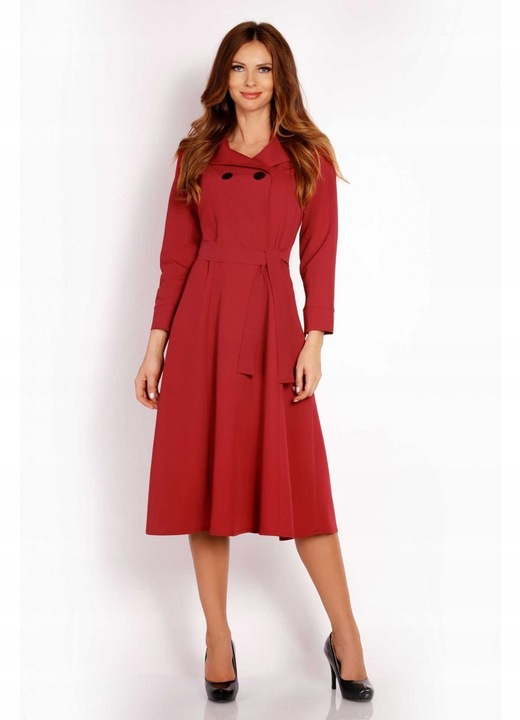 Rochie Dama, Awama, L016, Marime S, Material 60% Poliester, 35% Viscoza, 5% Elastan, Lungime Midi, Maneca Lunga, Curea In Talie, De Inalta Calitate, Rosu