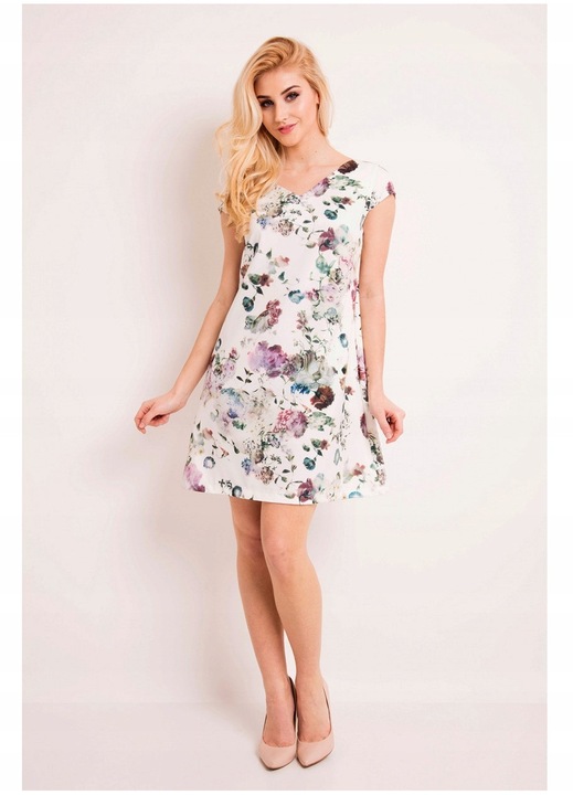 Rochie Dama, Evazata, Awama, L035, Model Cu Flori, Marimea XL, Material 100% Poliester, Midi, Decolteu In V, Fara Maneci, De Inalta Calitate, Ecru