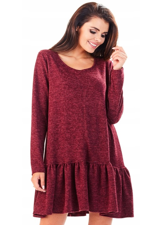 Rochie De Dama Cu Volan, Awama, L056, Material 65% Poliester, 33% Viscoza, 2% Elastan, Scurta, Croi Asimetric, Decolteu Rotund, Maneci Lungi, De Inalta Calitate, Bordo, Bordeaux