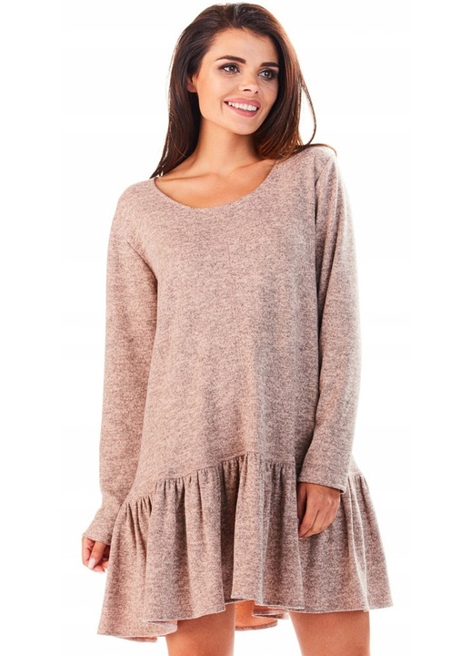 Rochie De Dama Cu Volan, Awama, L056, Marimea S/M, Material 65% Poliester, 33% Viscoza, 2% Elastan, Scurta, Croi Asimetric, Decolteu Rotund, Maneci Lungi, De Inalta Calitate, Roz