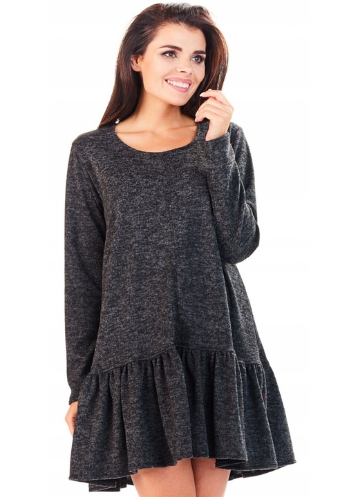 Rochie De Dama Cu Volan, Awama, L056, Material 65% Poliester, 33% Viscoza, 2% Elastan, Scurta, Croi Asimetric, Decolteu Rotund, Maneci Lungi, Grafit, Gri grafit