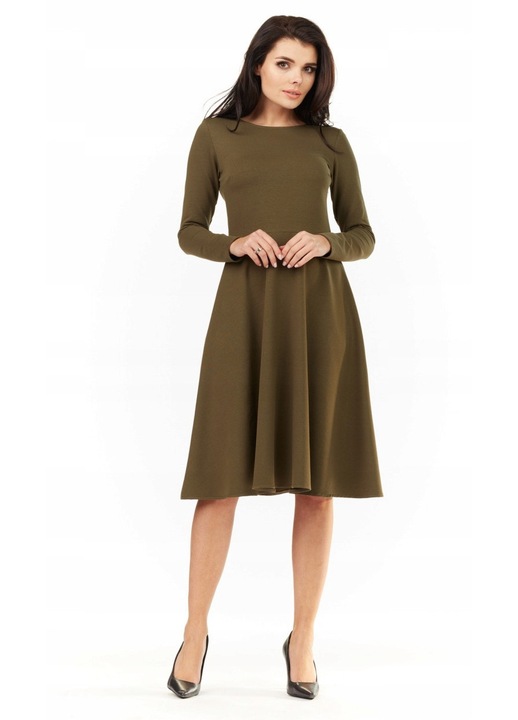 Rochie Dama, Awama, L060, Clos, Marimea S, Material 70% Vascoza, 25% Poliester, 5% Elastan, Maneci Lungi, Lungime Midi, Decolteu Rotund, Khaki