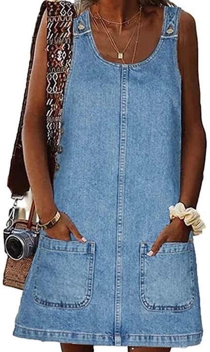 Рокля, ретро ежедневен дизайн, кръгла яка, без ръкави (10059), Син