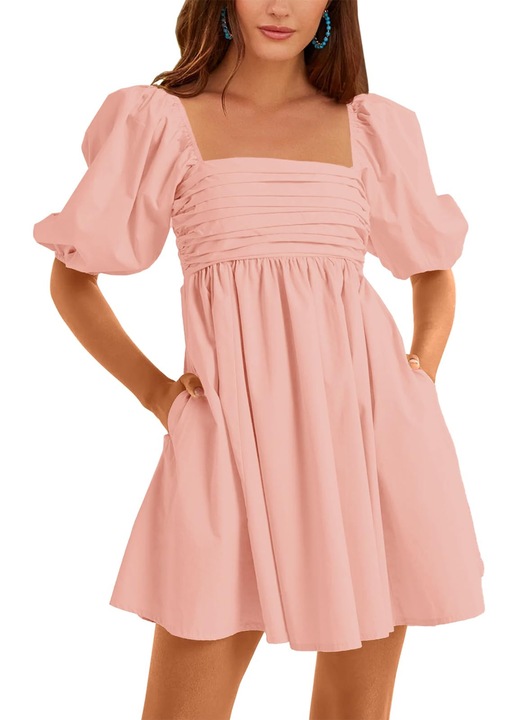 Rochie Mini Babydoll Casual Pentru Femei, Cu Guler Patrat, roz, Roz