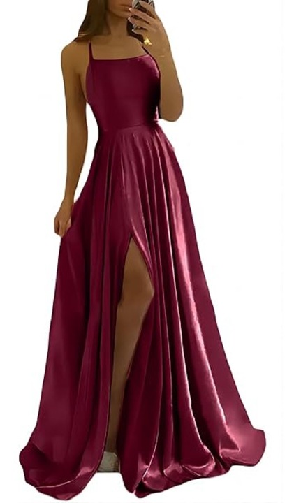 Rochie eleganta lunga din satin, fara maneci, talie inalta, rosie M