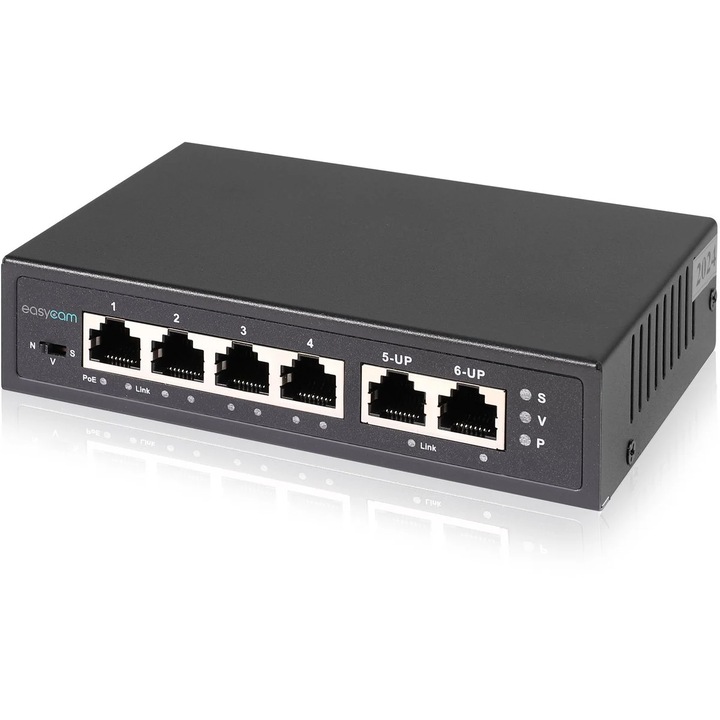 Switch PoE EasyCam 4FE PoE + 2FE Uplink 60W, 4 PoE порта, 2 uplink порта, 98x145x33мм