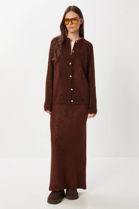 Set din doua piese, Happiness Istanbul, cardigan si fusta, tricot texturat, maro, One Size INTL