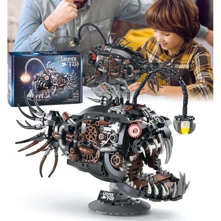 Seturi de constructie cu pesti felinar mecanic, jucarie de colectie cu animale oceanice, decor pentru adulti pentru casa sau birou, ornament de birou STEM DIY pentru constructii, cadou pentru adolescenti, baieti si fete 6-16 ani, 1038PCS, BIGLISTENING®